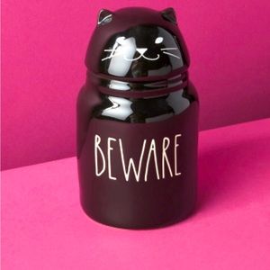 Rae Dunn 7 inch “Beware” Cat Canister with Lid Black White New